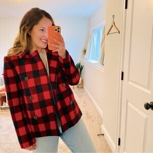 J. Crew Red Navy Blue Buffalo Plaid Wool Coat Jacket Small